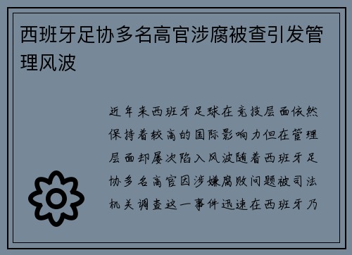 西班牙足协多名高官涉腐被查引发管理风波 西班牙足协多名高官涉腐被查引发管理风波