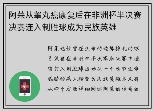 阿莱从睾丸癌康复后在非洲杯半决赛决赛连入制胜球成为民族英雄 阿莱从睾丸癌康复后在非洲杯半决赛决赛连入制胜球成为民族英雄